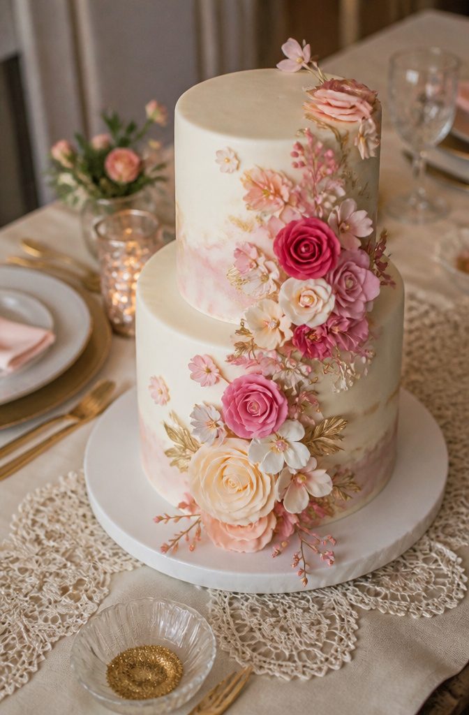 A cake decorated with sugar paste flowers on a lace table runner.
