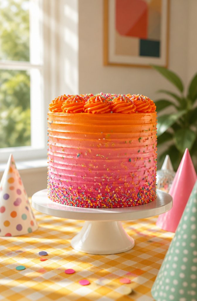 An ombré-layered cake with multicolored sprinkles on a white stand.