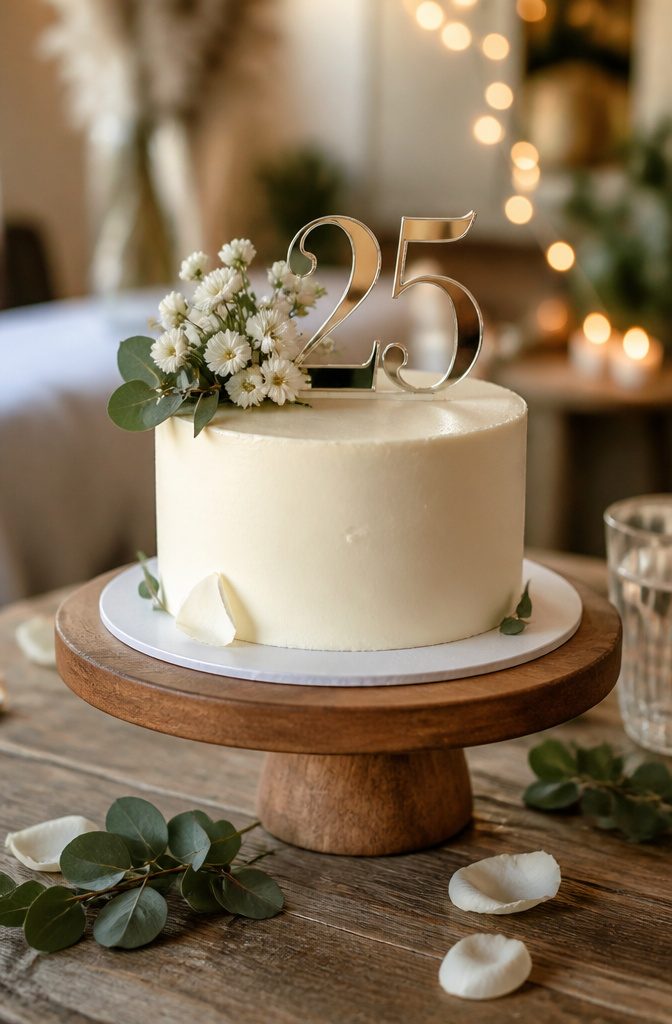 A small cake with a mirrored acrylic '25' name topper.