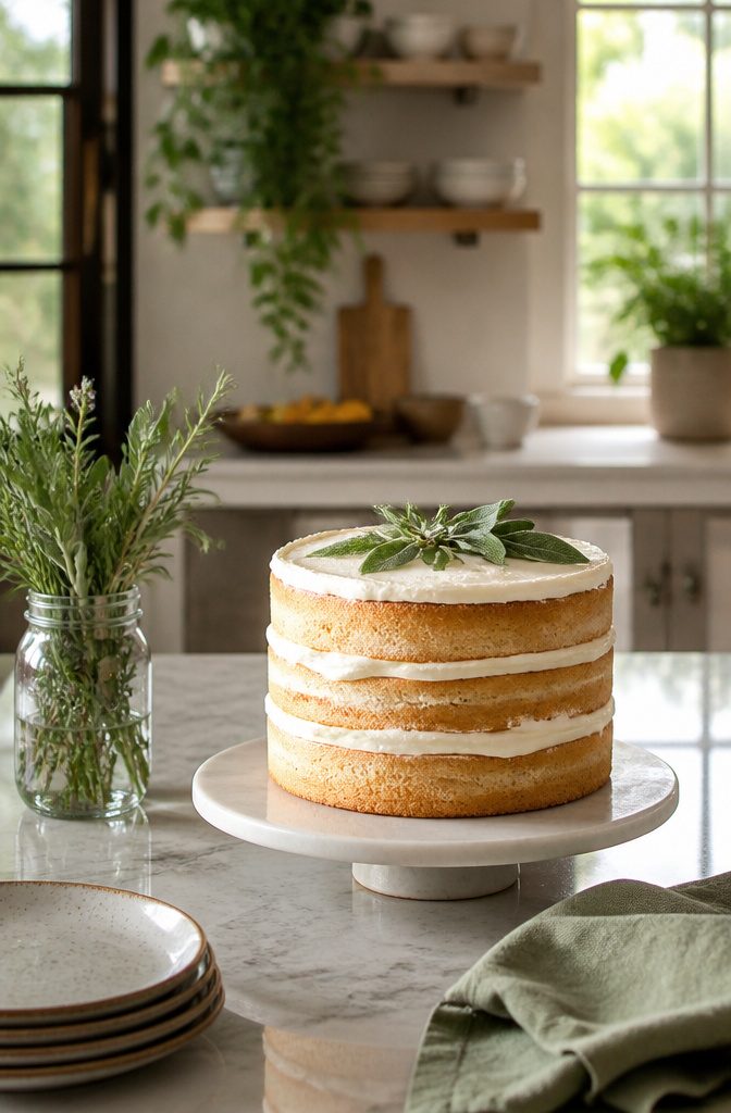 A naked cake with even layers and sage green accent on a countertop.