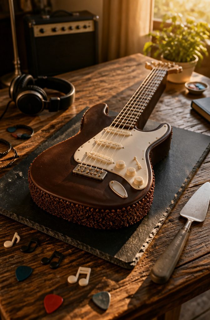 A guitar-shaped cake displayed on a rustic wooden table.