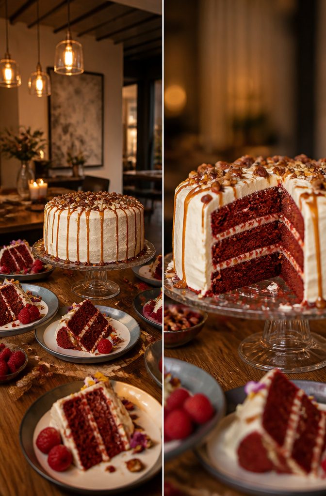 A red velvet cake with cream cheese frosting and candied pecans.