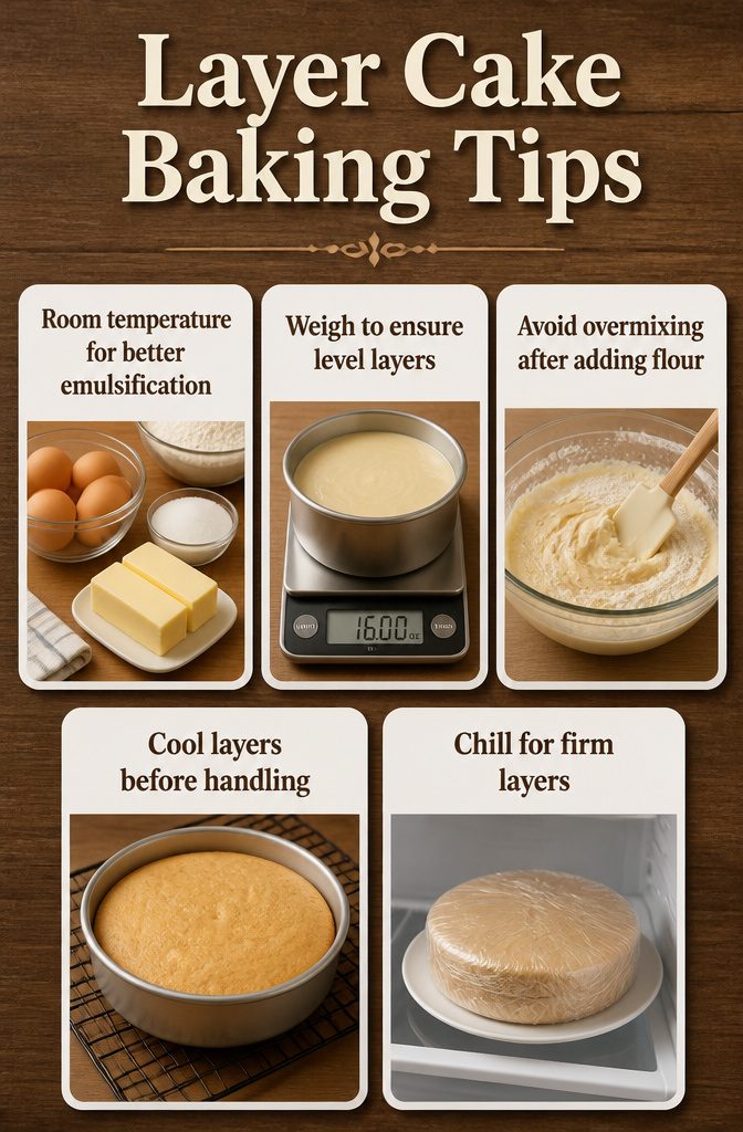 3 Layer Cake with Vanilla Buttercream Frosting 5 Tips for baking a layer cake, showing weighing batter process.