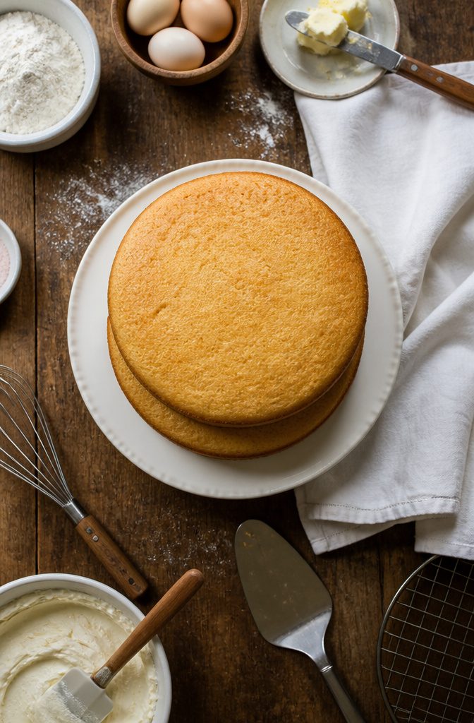 3 Layer Cake with Vanilla Buttercream Frosting 2 Three 8-inch layers of cake batter in round pans.
