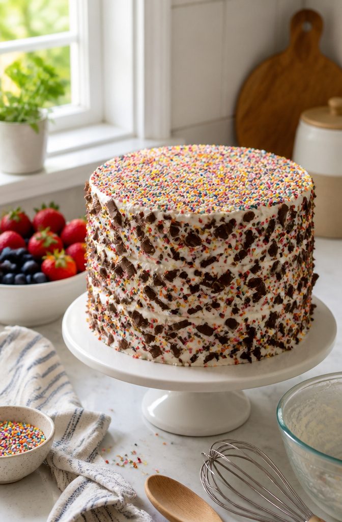 3 Layer Cake with Vanilla Buttercream Frosting 8 Three-layer cake with colorful sprinkles and chocolate shavings.