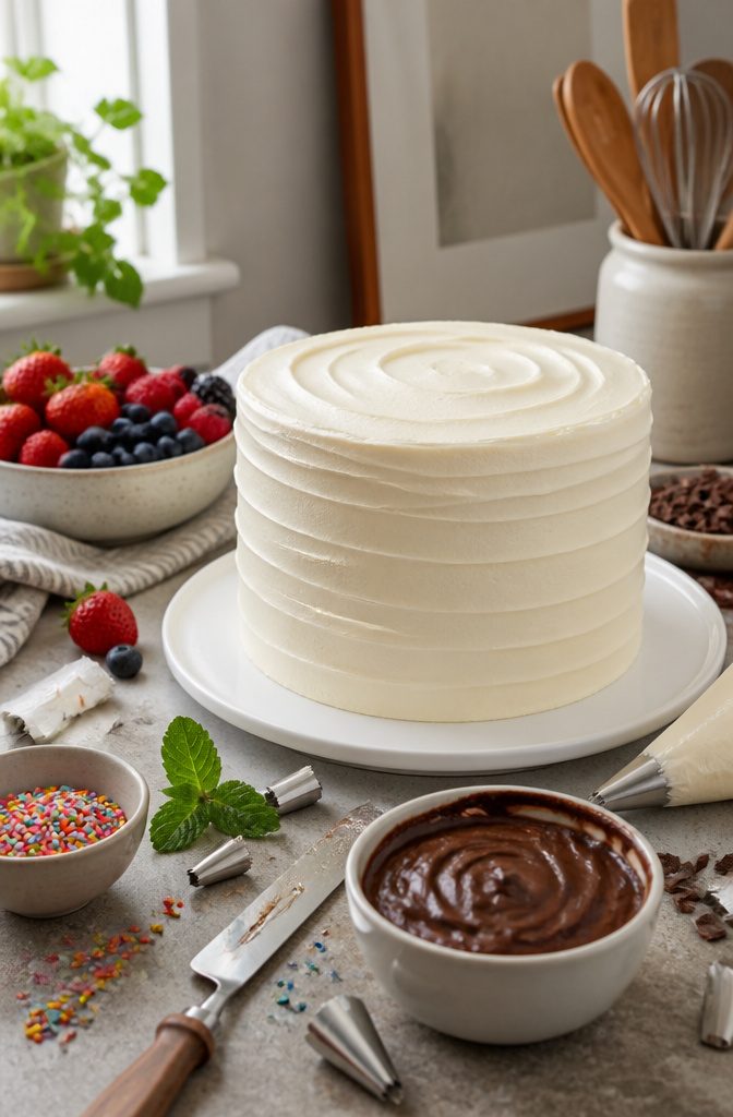 3 Layer Cake with Vanilla Buttercream Frosting 6 Three-layer cake with smooth buttercream and chocolate shavings.