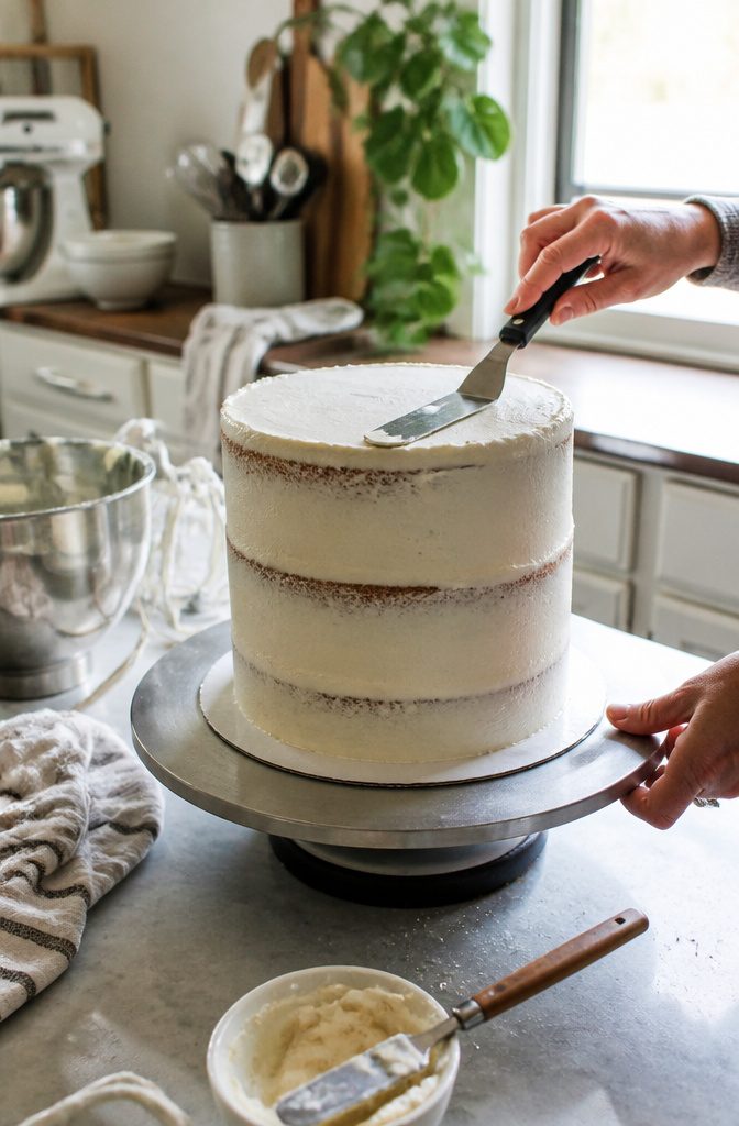 3 Layer Cake with Vanilla Buttercream Frosting 7 Crumb coating a three-layer cake with vanilla buttercream.