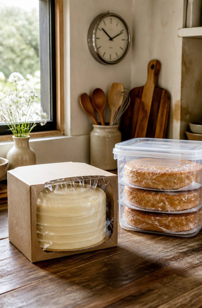 3 Layer Cake with Vanilla Buttercream Frosting 9 Three-layer cake in a box and unfrosted layers wrapped for storage.