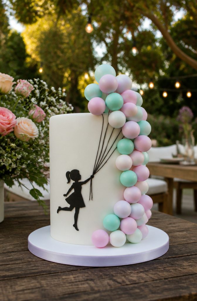 A white cake topped with pastel fondant balloons and a girl silhouette.