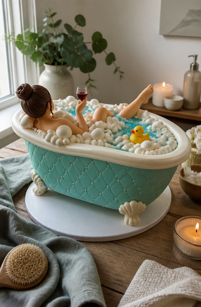 A cake designed to look like a clawfoot bathtub with blue buttercream.