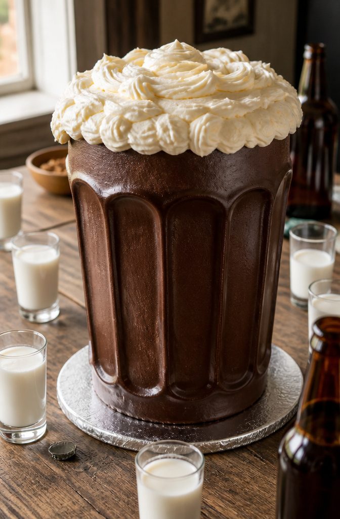A pint glass-shaped cake decorated with white buttercream and dark icing.