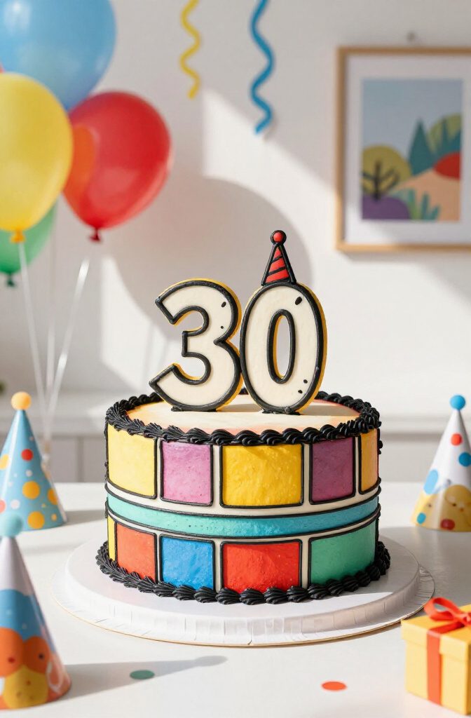 A colorful cartoon cake with black piping and solid color blocks.