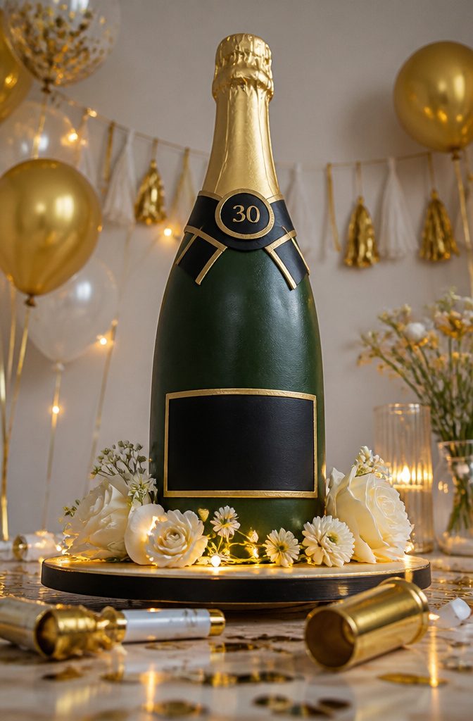A cake featuring a champagne bottle as a centerpiece decoration.