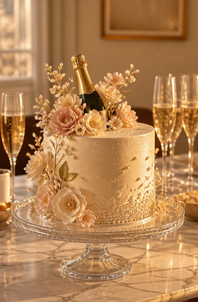 A cake decorated with a small champagne bottle and fondant flowers.