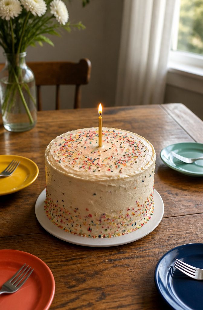 A simple vanilla cake with buttercream frosting and colorful sprinkles.
