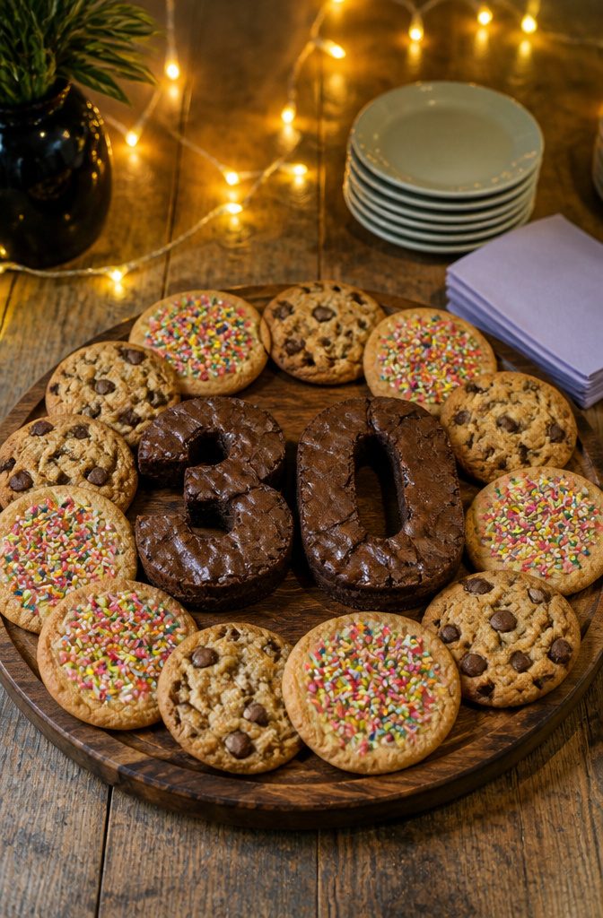 A platter featuring giant cookies and brownies decorated for a birthday.