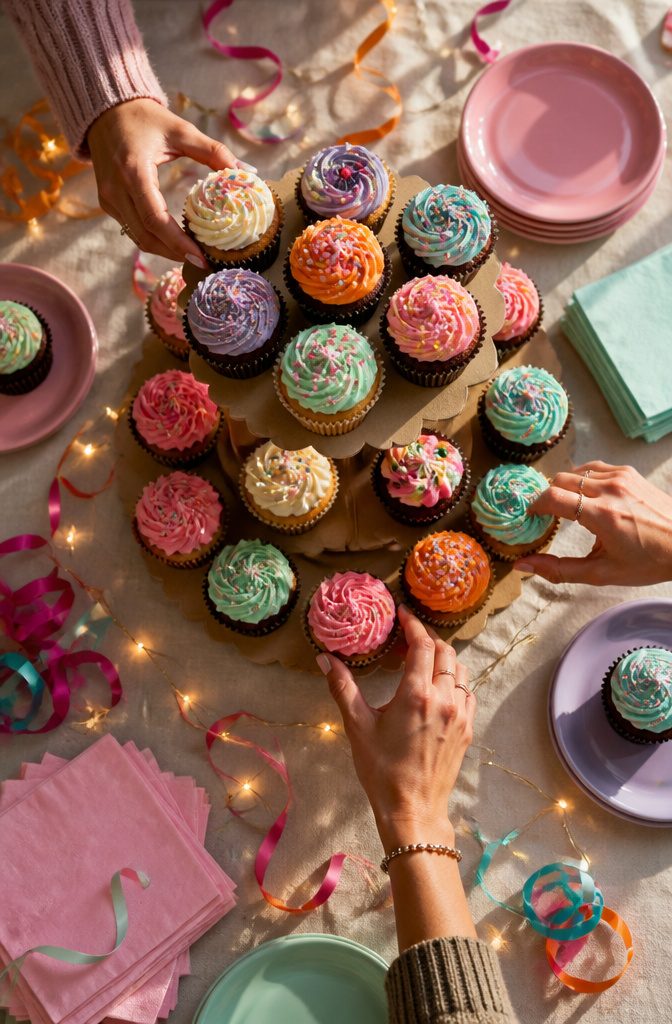 A display of decorated cupcakes in various flavors and designs.