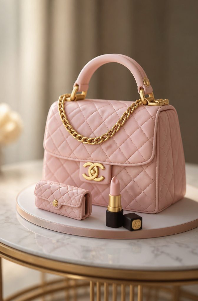 A cake designed to resemble a luxury purse with fondant accents.