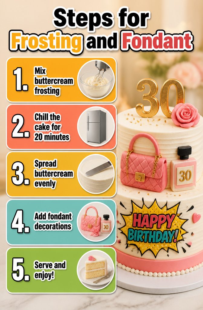 Visual guide outlining frosting and fondant techniques for cake decorating.