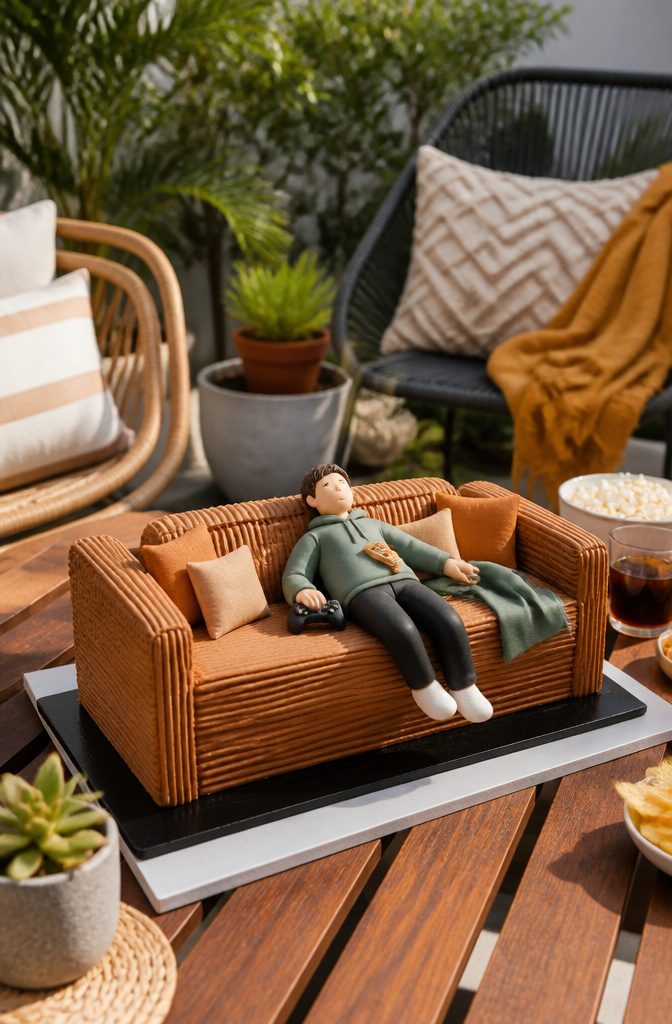 A cake resembling a sofa with a fondant figure and pizza slice on top.