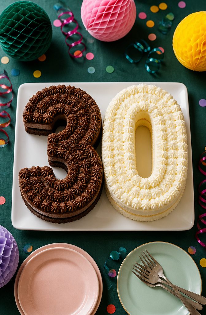 A number cake displaying the digits 3 and 0 in different flavors.