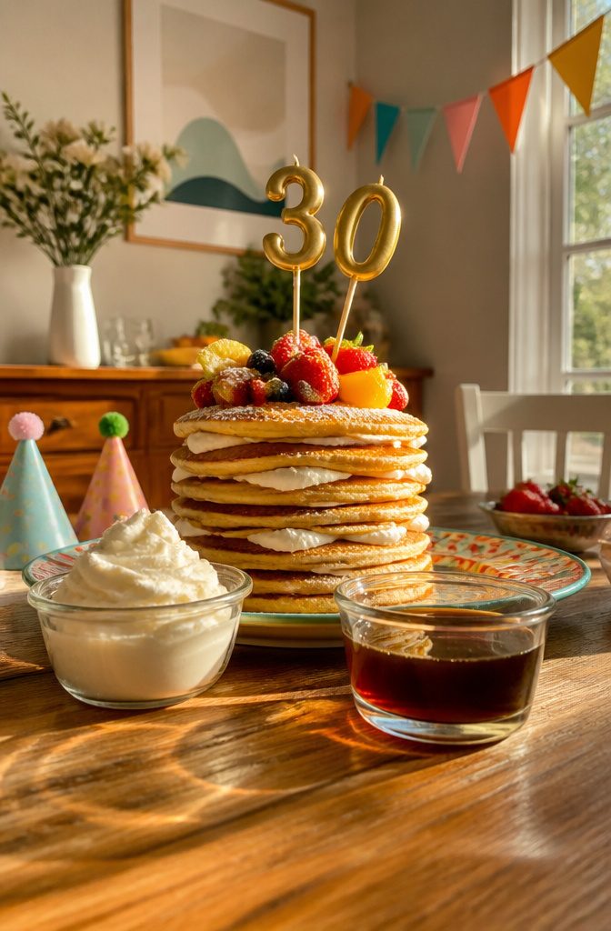 A stack of pancakes with cream between layers, ideal for brunch.