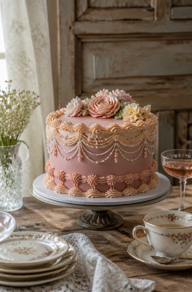 A vintage cake featuring soft pastel colors and detailed piping.