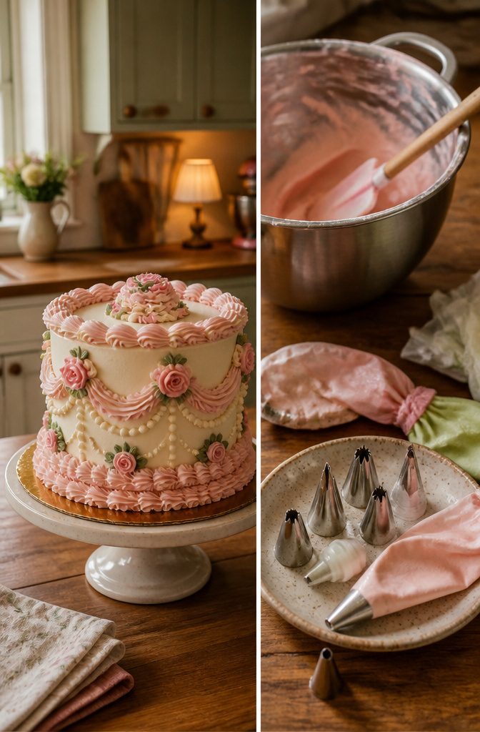 Two cakes demonstrating vintage and hyper-realistic decorating styles.