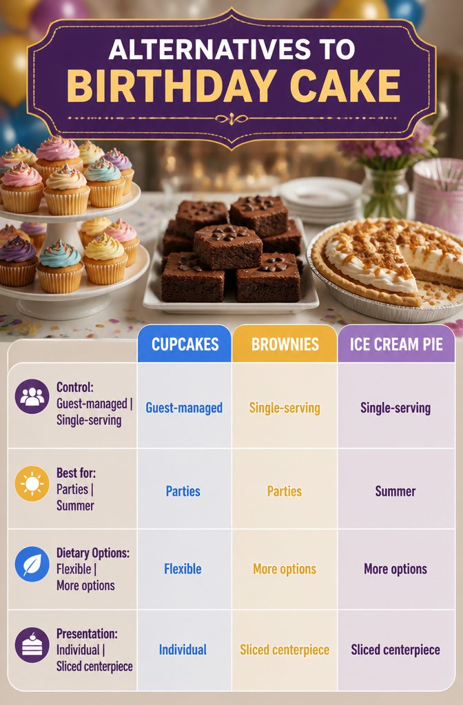 Various dessert alternatives to traditional birthday cake displayed together.