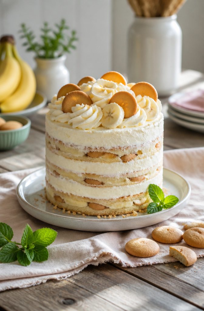 6 Types of 6 Inch Tall Cake: Vanilla, Chocolate, Banana, Funfetti & More 4 A banana pudding 6 inch tall cake with vanilla pudding and banana slices.