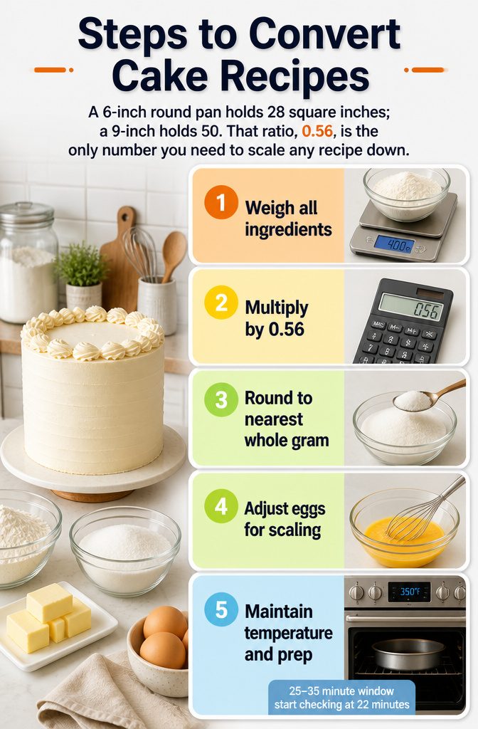6 Types of 6 Inch Tall Cake: Vanilla, Chocolate, Banana, Funfetti & More 9 Information image with steps for converting cake recipes.