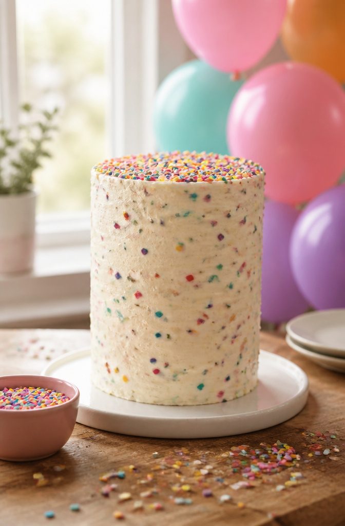 6 Types of 6 Inch Tall Cake: Vanilla, Chocolate, Banana, Funfetti & More 5 A Funfetti 6 inch tall cake with colorful sprinkles and white frosting.
