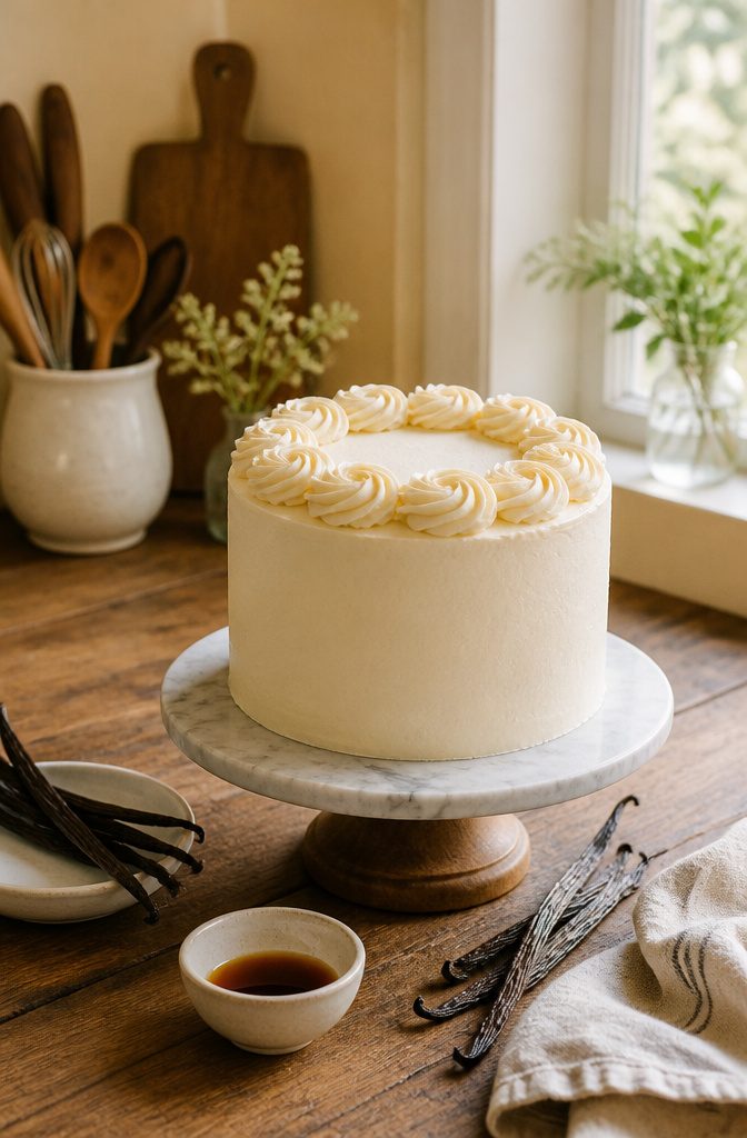 6 Types of 6 Inch Tall Cake: Vanilla, Chocolate, Banana, Funfetti & More 2 A vanilla 6 inch tall cake with smooth white frosting and buttercream decoration.