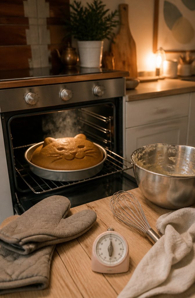 A golden-brown cat cake just pulled from the oven on a countertop.