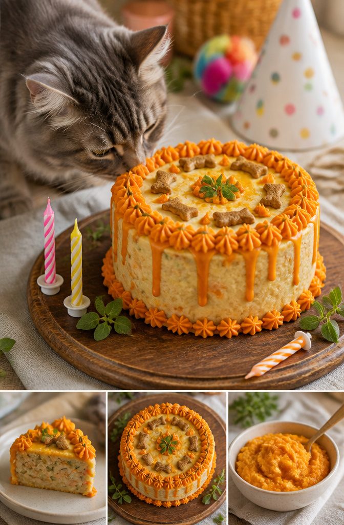 Various decoration options for a cat birthday cake, including pumpkin puree.