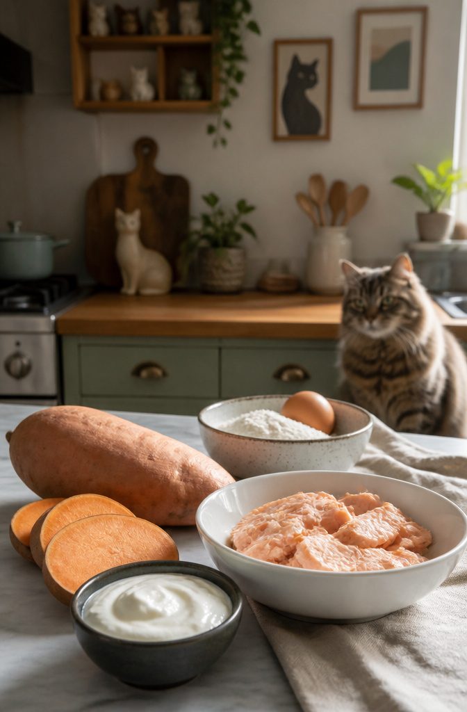 Healthy ingredients for a cat cake including sweet potato and salmon.