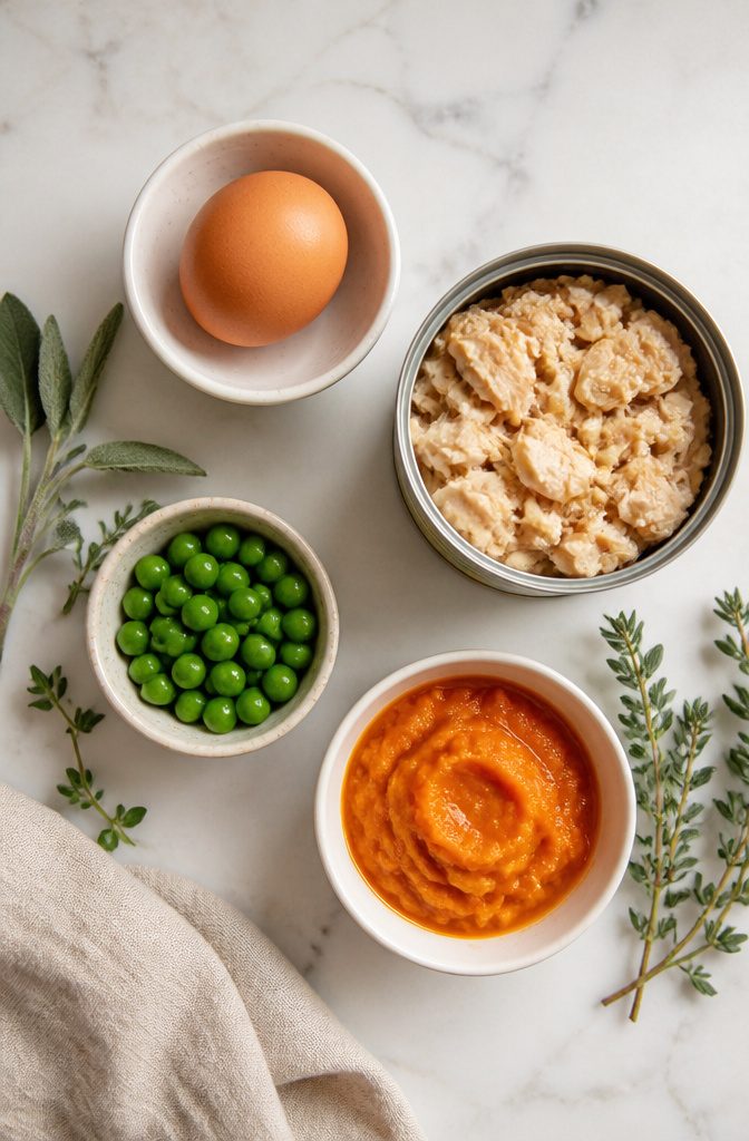 Ingredients for a cat birthday cake including egg and pumpkin puree.
