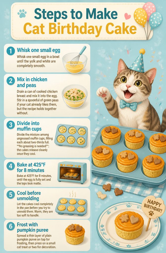 Steps for making a cat birthday cake, with mixing bowls and muffin cups.
