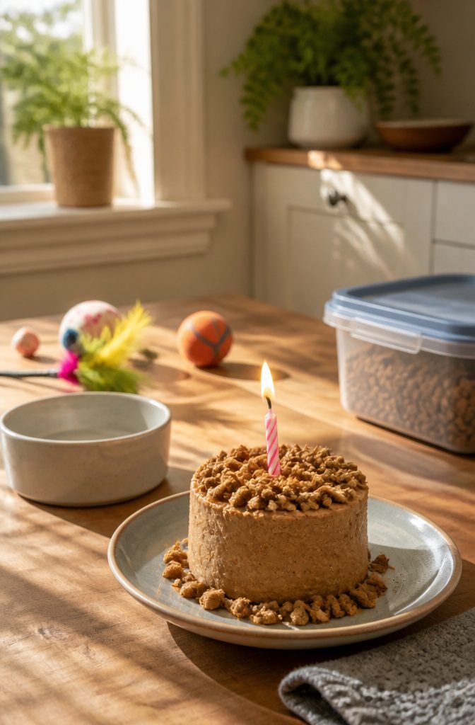 A single cat birthday cake on a table with an empty food bowl.