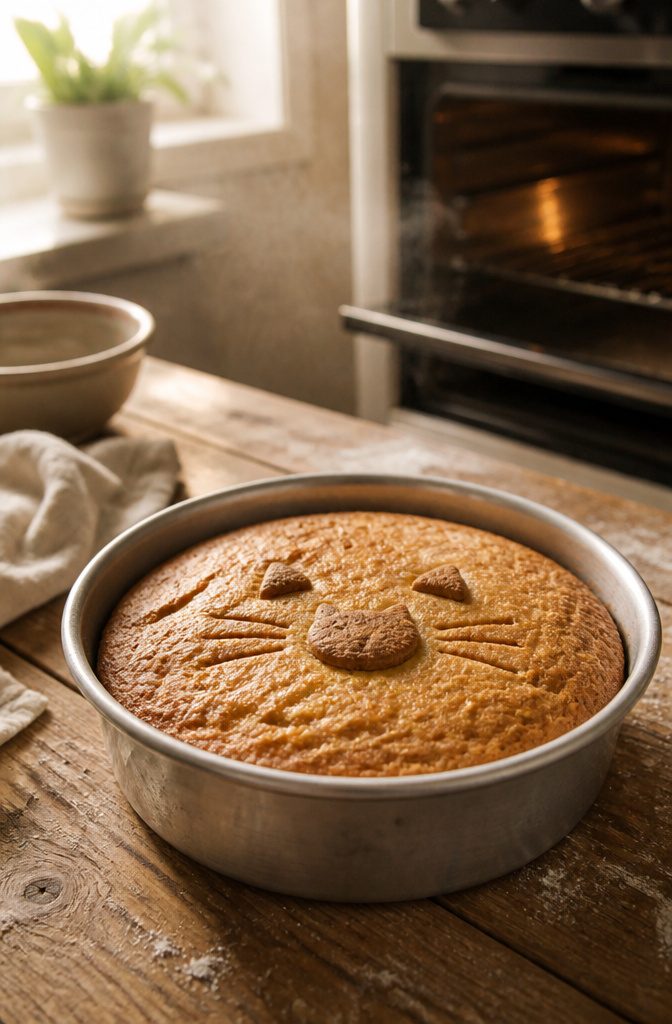 A birthday cake for a cat, shown in a kitchen setting.