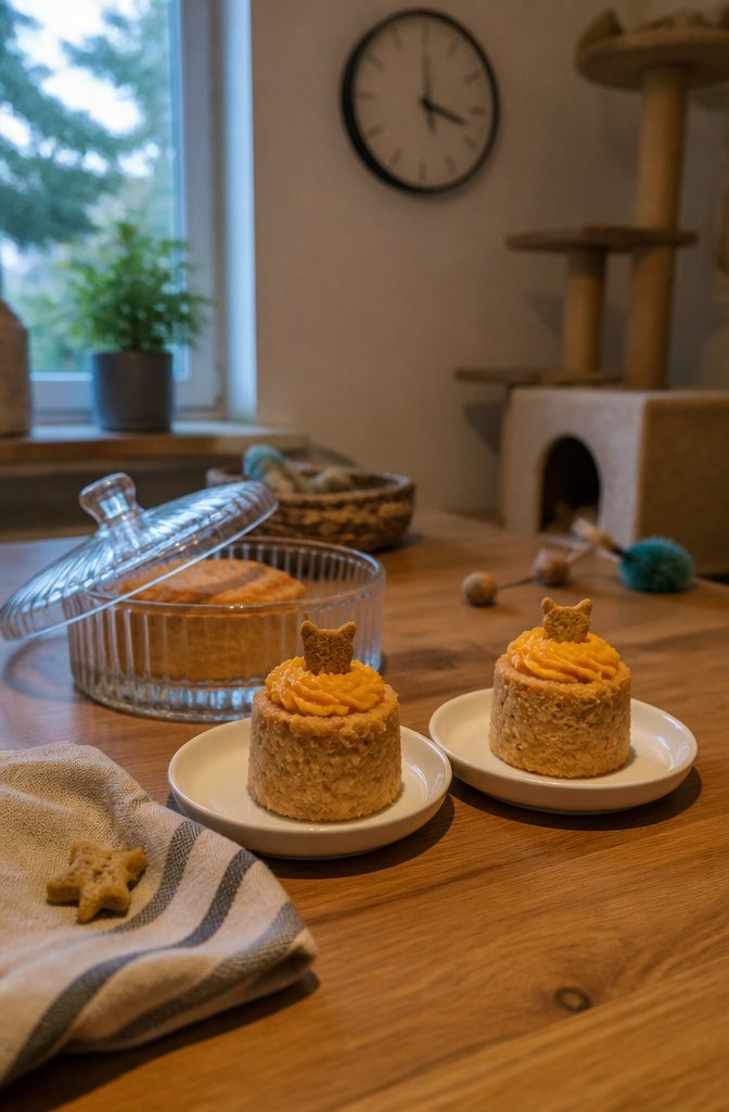 Two small cat birthday cakes on a kitchen table with a storage container.