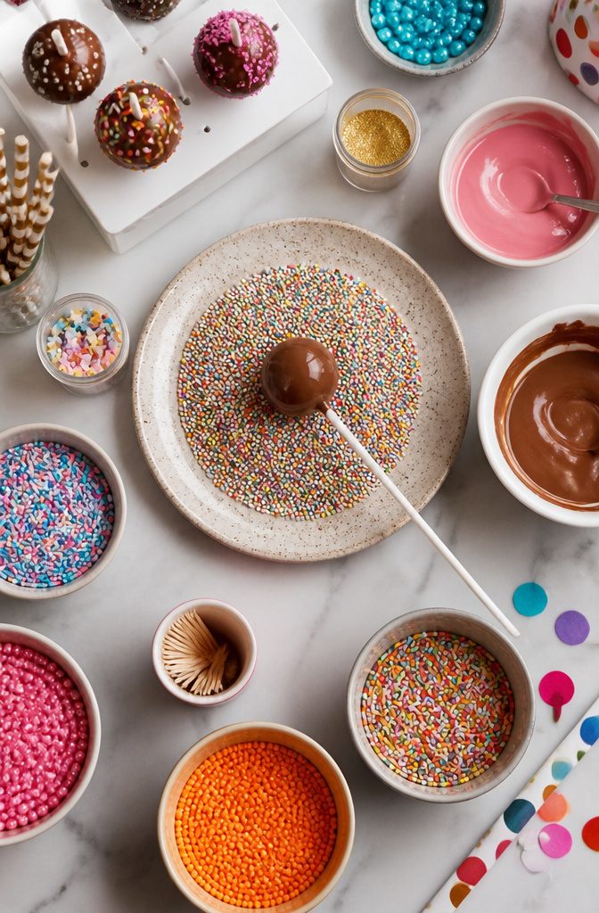 Birthday Cake Pops: Recipe, Decorating Ideas and Flavor Variations 8 Cake pops being decorated with sprinkles and colorful coatings.