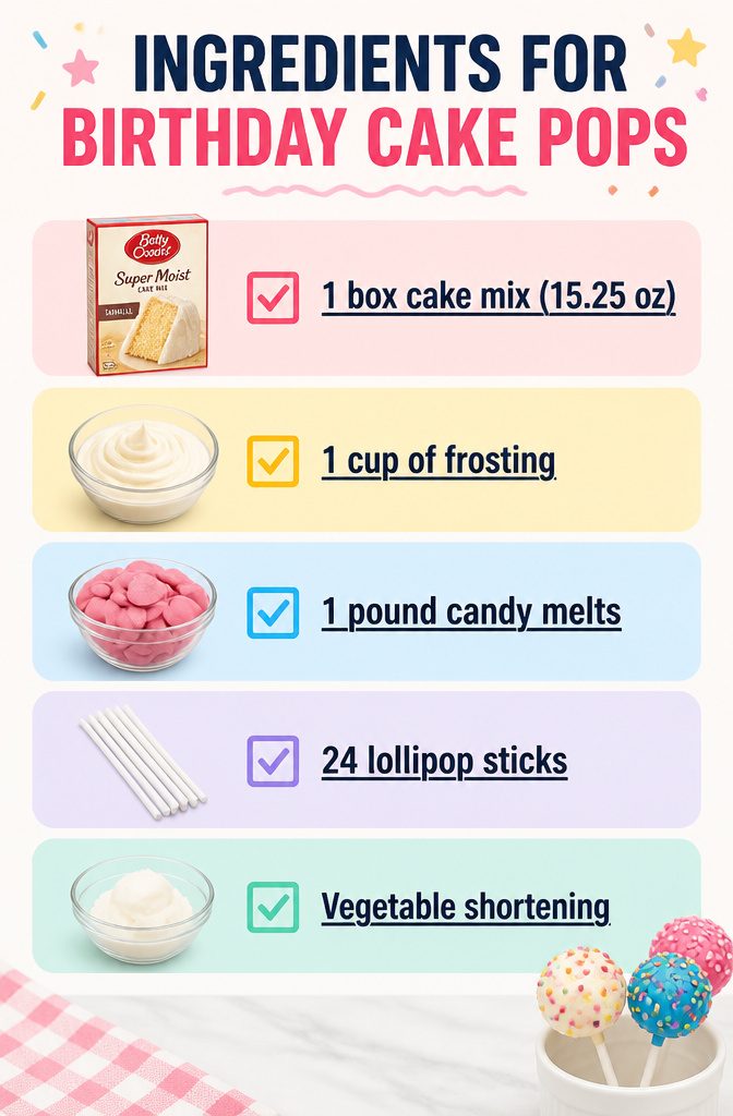 Birthday Cake Pops: Recipe, Decorating Ideas and Flavor Variations 3 Ingredients for birthday cake pops laid out on a table.
