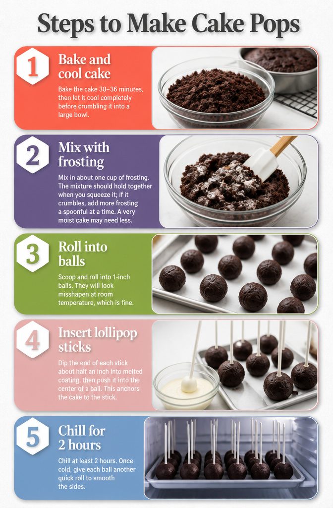 Birthday Cake Pops: Recipe, Decorating Ideas and Flavor Variations 4 Visual steps showing how to make birthday cake pops.