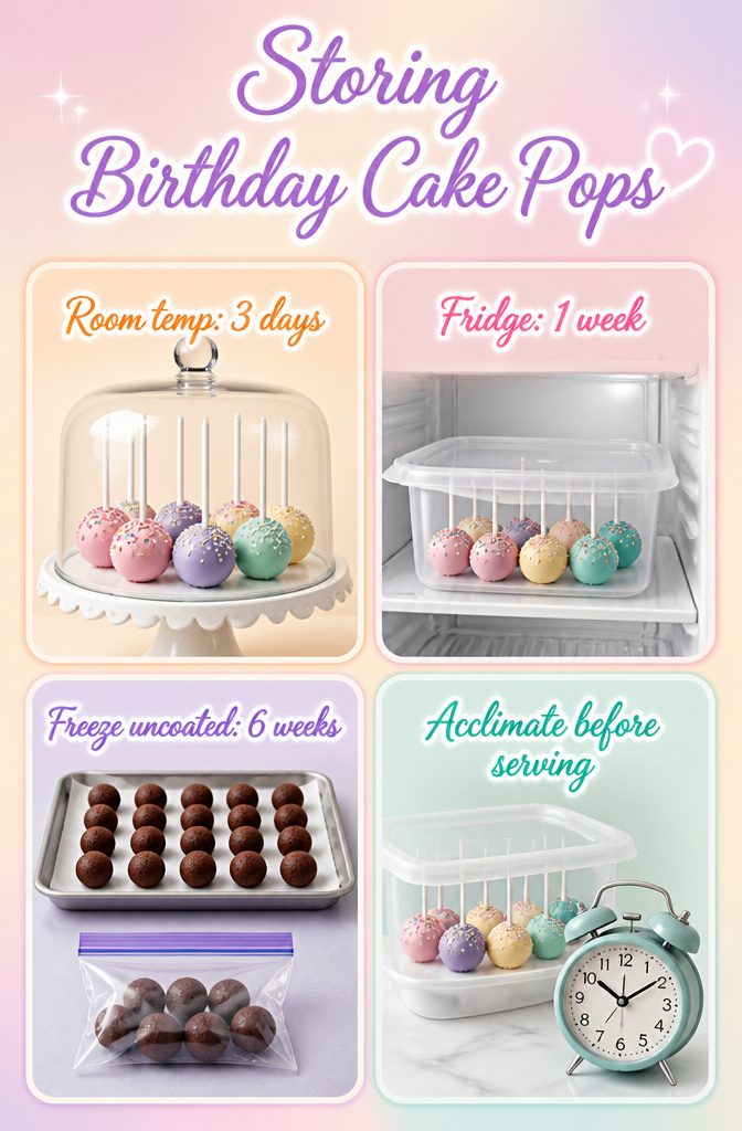 Birthday Cake Pops: Recipe, Decorating Ideas and Flavor Variations 7 Illustration showing how to store birthday cake pops.