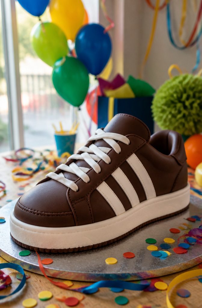 A cake designed to resemble an Adidas sneaker, decorated with fondant.