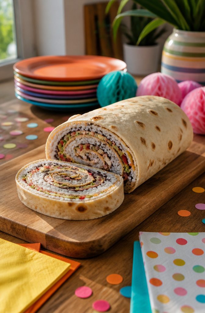 A cake rolled to resemble a burrito, with a spiral pattern inside.
