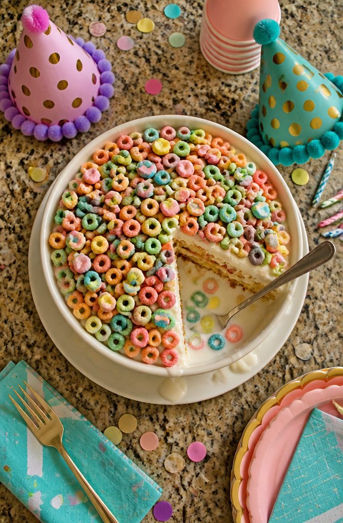 A cake shaped like a cereal bowl, topped with Froot Loops and milk.
