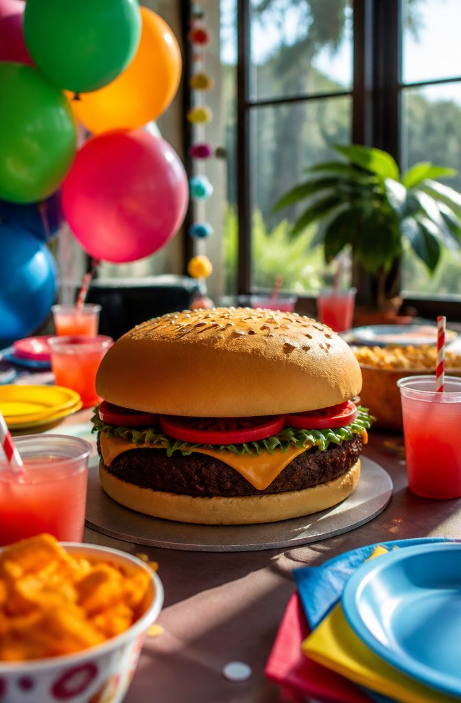 A cake designed to look like a cheeseburger with fondant details.
