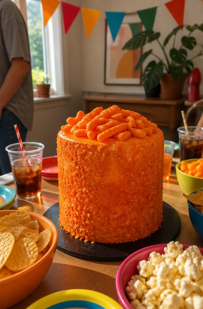 A cake covered in orange frosting and topped with Crunchy Cheetos.